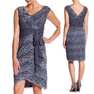 Marina Lace V Neck Tiered Dress, Gun Metal, Sz 10